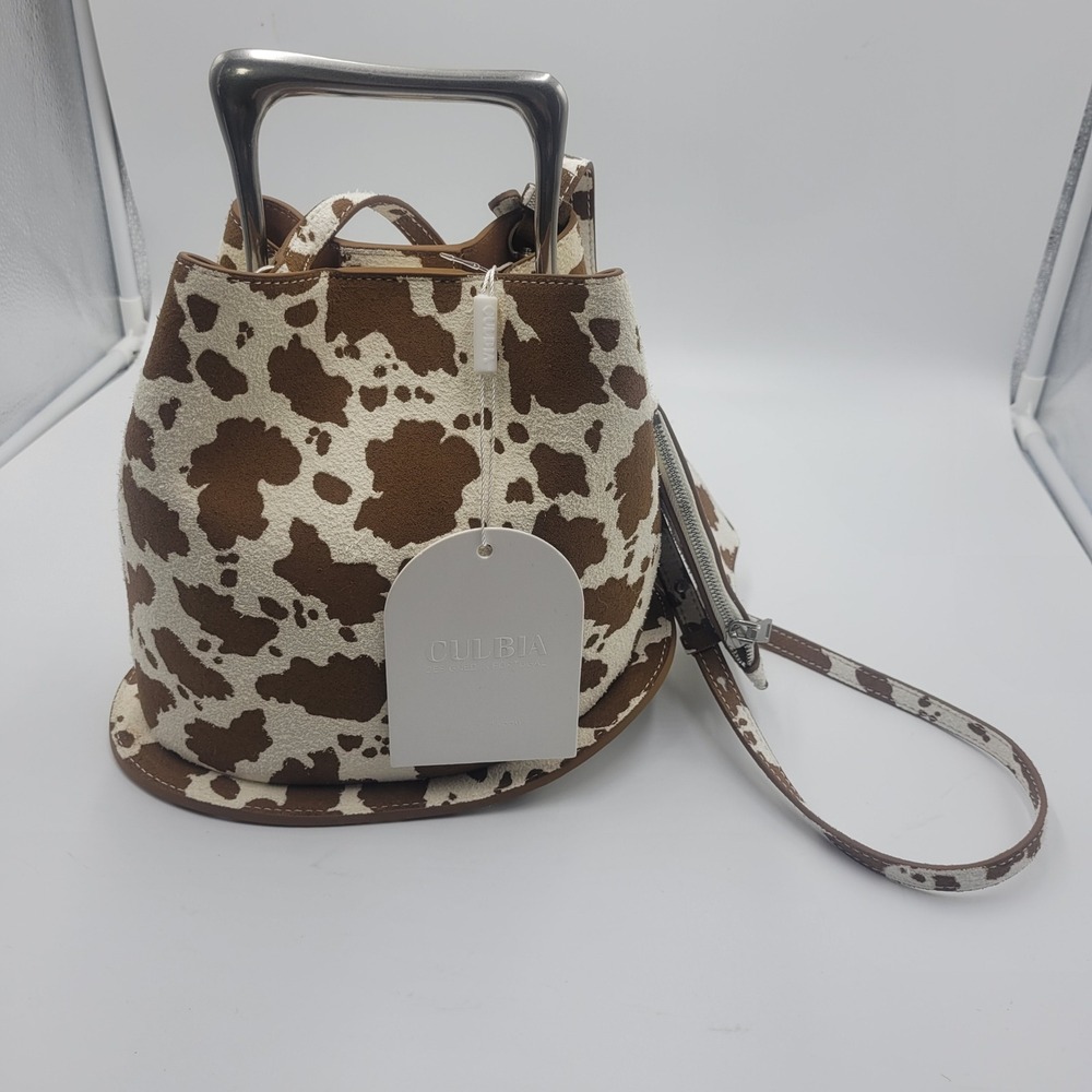 Culbia Ozzy Bag Cow Print Leather Bucket Purse Brown White Crossbody Western NEW